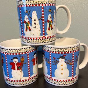 Trio of Vintage Sakura SNOWMAN Stoneware Mugs with Artwork by Debbie Mumm 1998